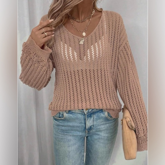 Sheer Open Knit Detail Hem Long Sleeve Lightweight Sweater/Top - Picture 3 of 6